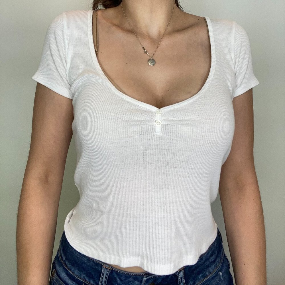 Brandy Melville O/S White Deep V-Neck White Tee